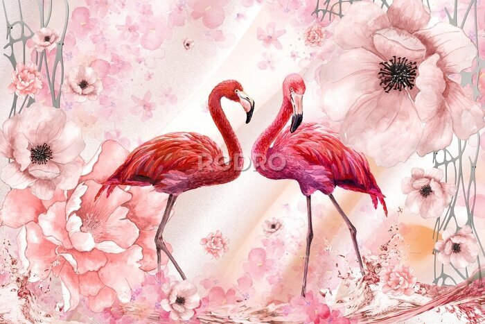 Fototapete Flamingos auf einem Blumenhintergrund