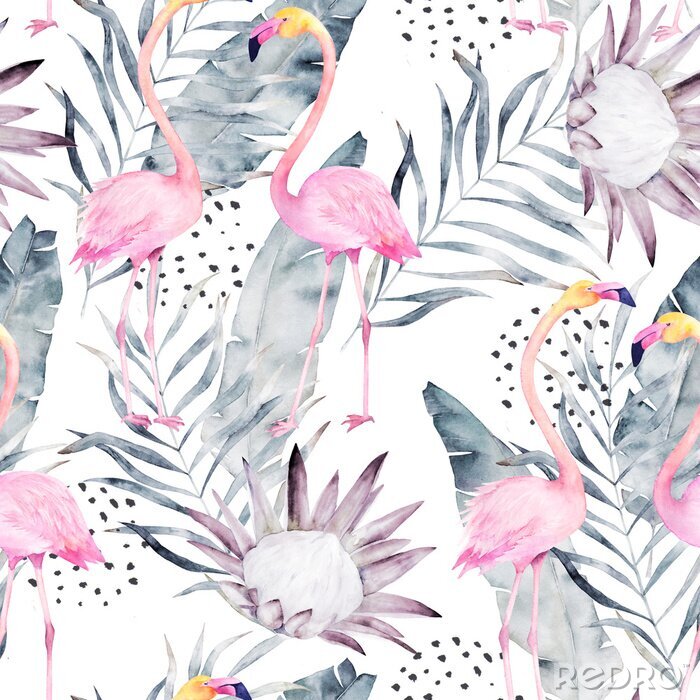 Fototapete Flamingos Blättern und Punkten