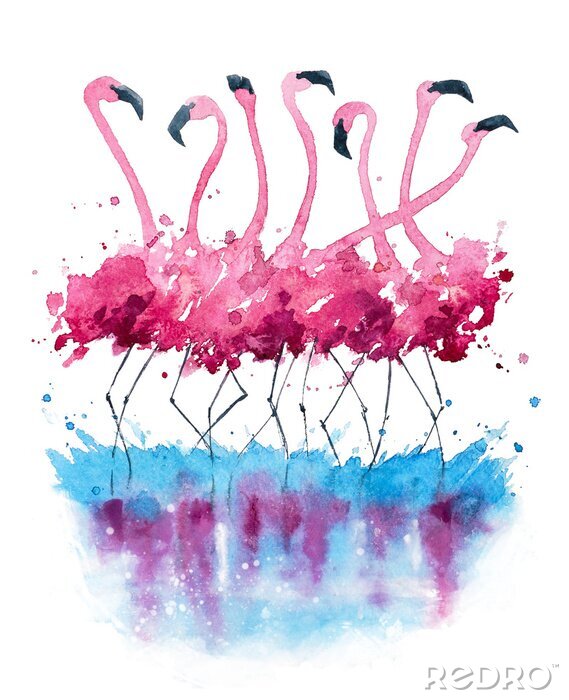 Fototapete Flamingos gemalt von Aquarell