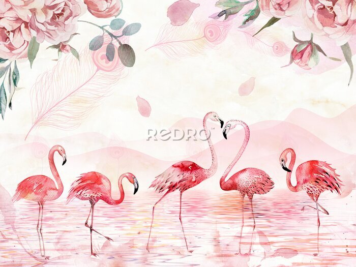 Fototapete Flamingos im See vor dem Hintergrund einer Berglandschaft