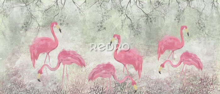 Fototapete Flamingos in den Büschen