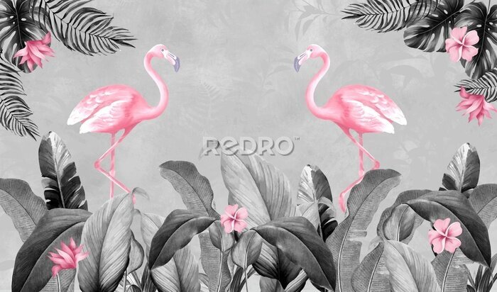 Fototapete Flamingos inmitten von tropischen Blättern in Grautönen