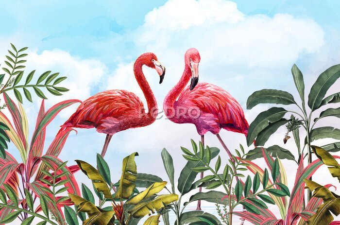Fototapete Flamingos inmitten von tropischen Blättern vor dem Hintergrund eines blauen Himmels