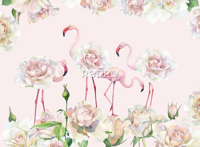 Fototapete Flamingos mit Rosen
