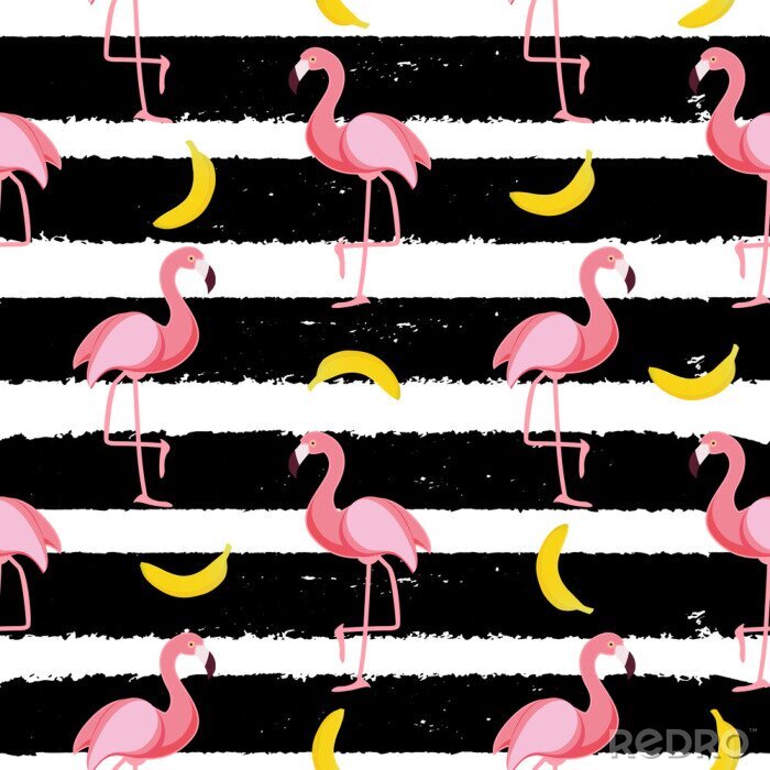 Fototapete Flamingos und Bananen auf einem gestreiften Muster