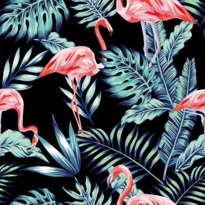 Flamingos und Blätter auf einem Muster mit schwarzem Hintergrund