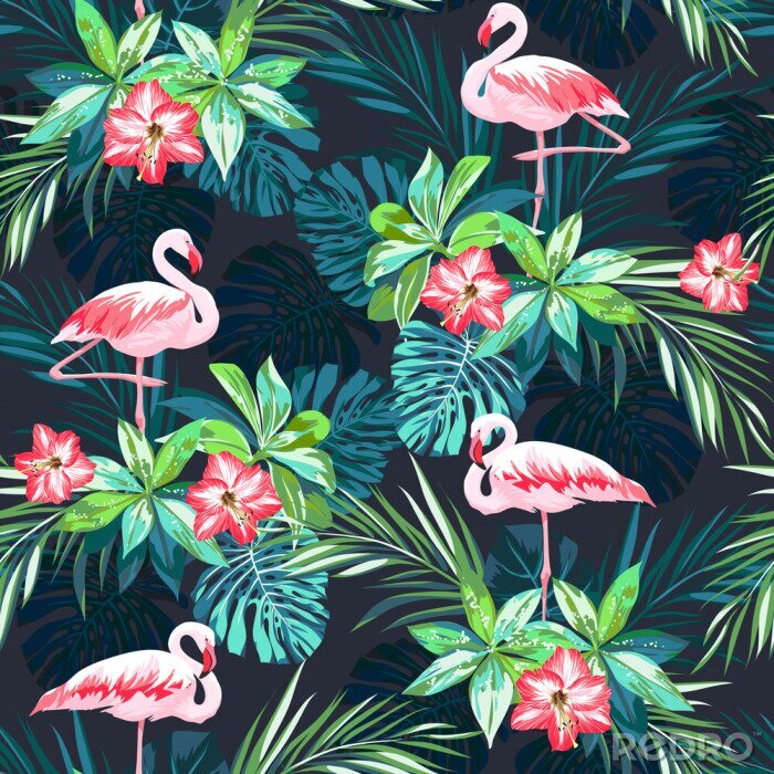 Fototapete Flamingos und Blumen auf dunklem Hintergrund