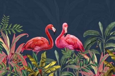 Fototapete Flamingos und bunte tropische Blätter