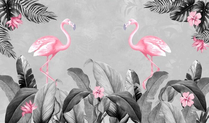 Fototapete Flamingos und graue tropische Blätter