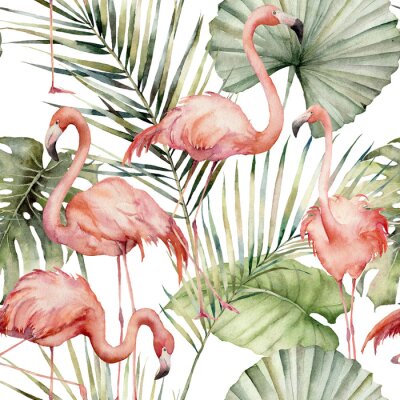 Flamingos vor dem Hintergrund tropischer Blätter mit Aquarellfarben gemalt