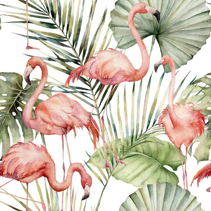 Fototapete Flamingos vor dem Hintergrund tropischer Blätter mit Aquarellfarben gemalt