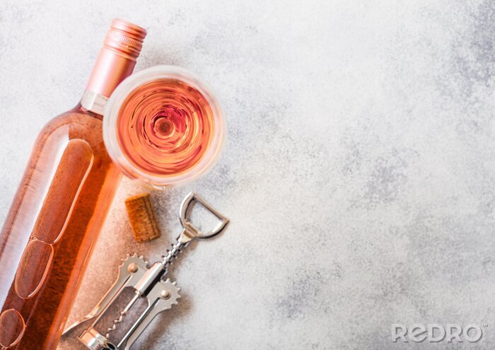 Fototapete Flasche rosa Wein und Glas