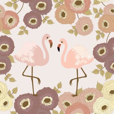 Fototapete Floral-Muster mit Flamingos