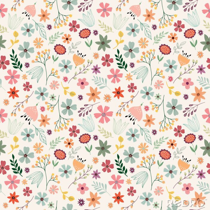 Fototapete Floral nahtlose Muster mit Hand gezeichneten Blumen und Pflanzen