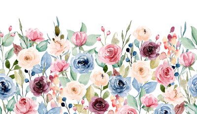 Floral seamless border with watercolor flowers, leaves. Repeating pattern for background, invitation, greeting card, poster, fabric, paper and other. Hand painting. Isolation on white.