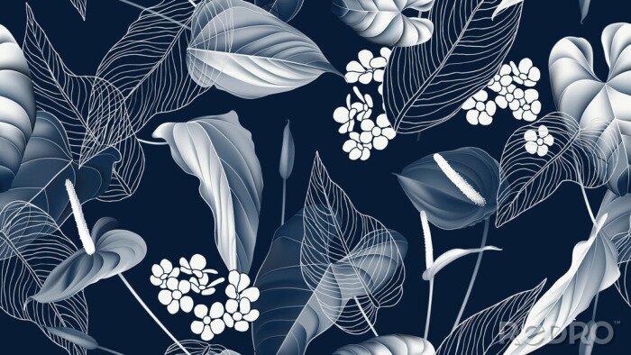 Fototapete Floral seamless pattern, Anthurium flowers with leaves in blue tone on dark blue