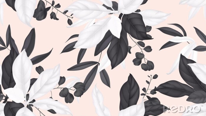 Fototapete Floral seamless pattern, black and white magnolia leaves, eucalyptus leaves on light orange background