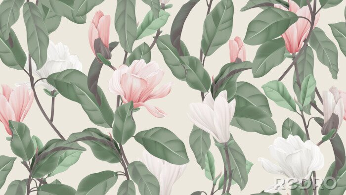 Fototapete Floral seamless pattern, pink and white Anise magnolia flowers and leaves on light brown, pastel vintage theme