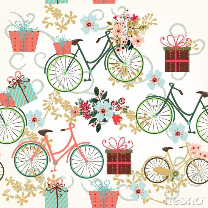 Fototapete Floral Tapetenmuster mit Fahrrädern und Blumen