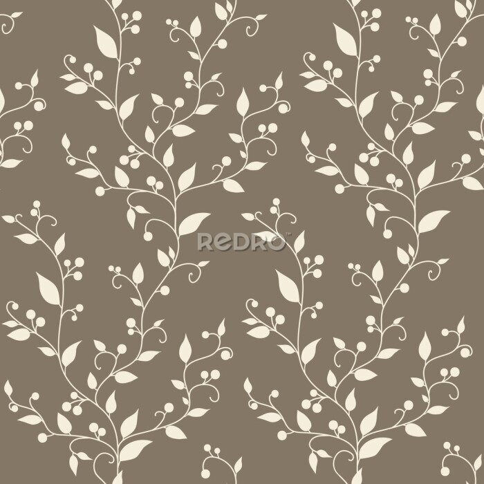 Fototapete Floral vector vintage seamless pattern with leaves and berries