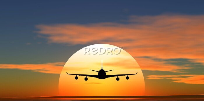 Fototapete Flugzeug fliegen vor dem Hintergrund des Sonnenuntergangs