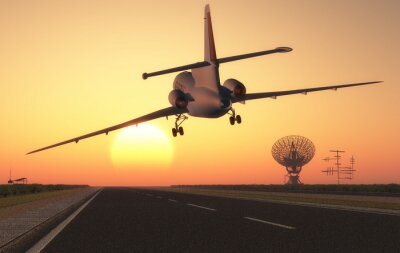 Flugzeug hebt bei Sonnenuntergang ab