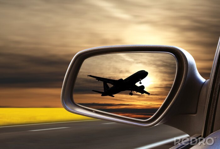 Fototapete Flugzeug im Fahrzeugspiegel