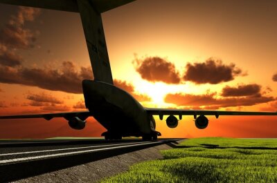 Flugzeug in der untergehenden Sonne