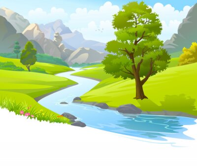 Fluss durch Berge und malerische grüne Felder fließt