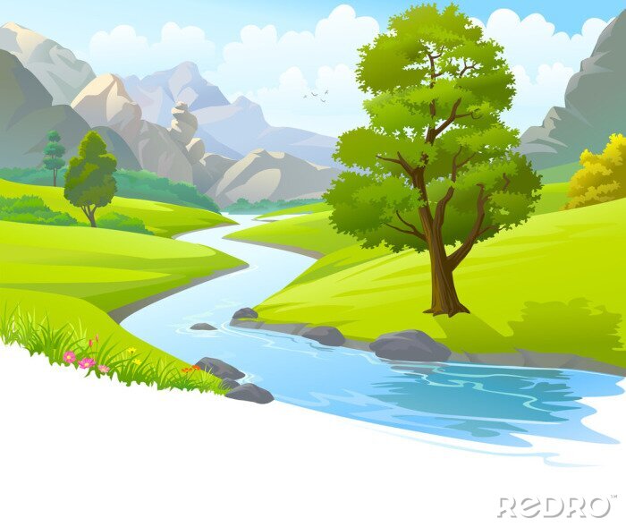 Fototapete Fluss durch Berge und malerische grüne Felder fließt