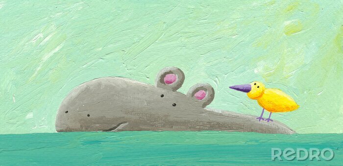 Fototapete Flusspferd und gelber Vogel