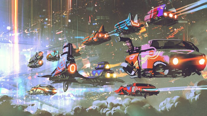Fototapete Flying car traffic in the futuristic world, digital art style, illustration painting