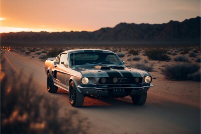 Fototapete Ford Mustang Shelby GT500, American Muscle Car, in the desert at sunset