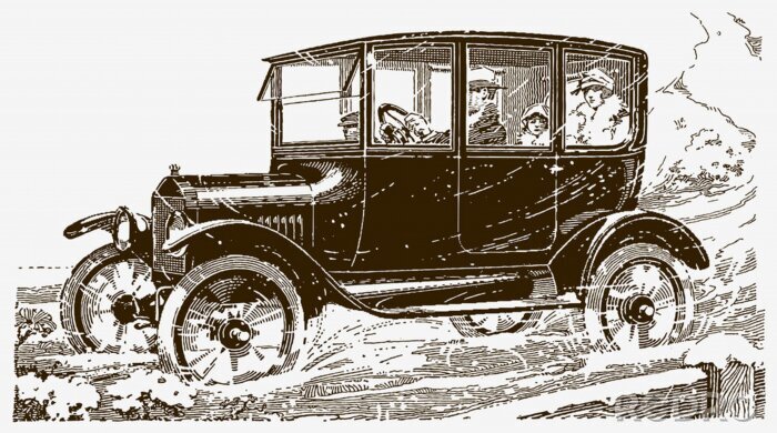 Fototapete Four people driving in a vintage car in a snowy landscape. Illustration after a historical engraving from the early 20th century