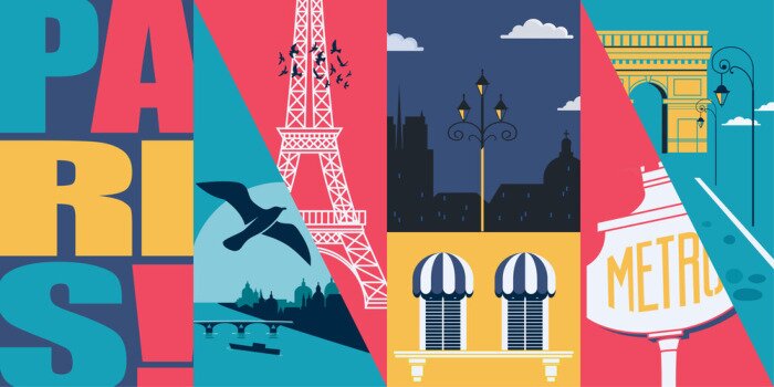 Fototapete France vector skyline illustration, postcard. Travel to French capital Paris modern flat graphic design