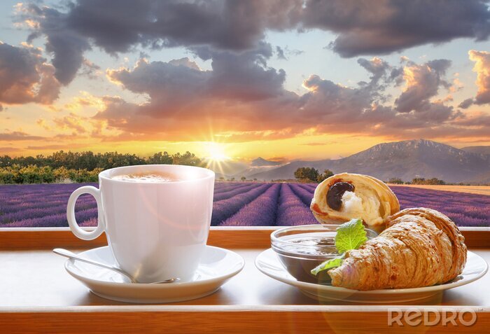 Fototapete Französische Landschaft mit Croissant und Kaffee