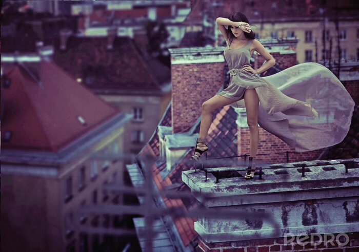 Fototapete Frau auf dem Dach