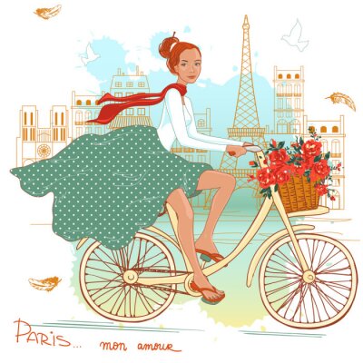 Fototapete Frau auf einem Fahrrad in Paris