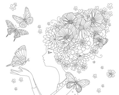 Frau mit Blumen anstelle von Haaren und Schmetterlingen