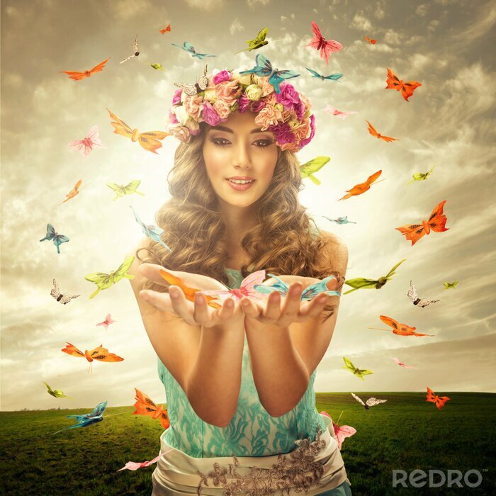 Fototapete Frau unter den bunten Schmetterlingen