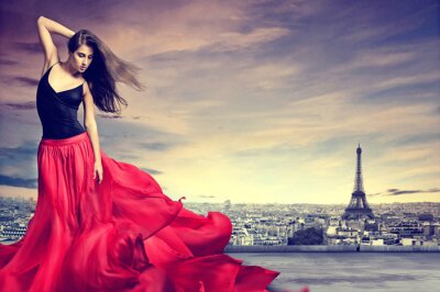 Frau vor dem Hintergrund der Skyline von Paris