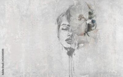 Fototapete Frauengesicht mit einer Blume auf Beton Hintergrund