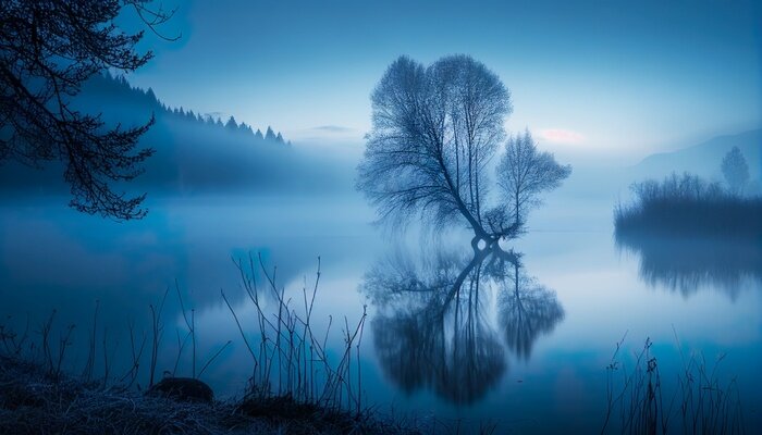 Fototapete Friedliche Naturlandschaft in blauer Farbe