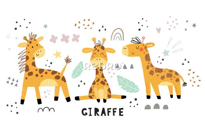 Fototapete Fröhliche Giraffen auf weißem Hintergrund