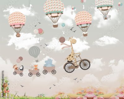 Fototapete Fröhliche Tiere in Ballons vor dem Himmel