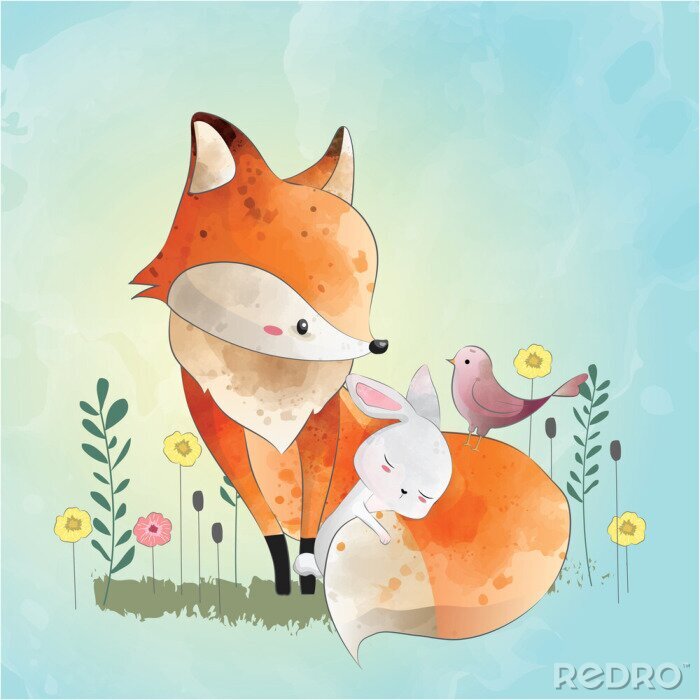 Fototapete Füchse bemalter Fuchs, Kaninchen und Vogel auf einer Wiese