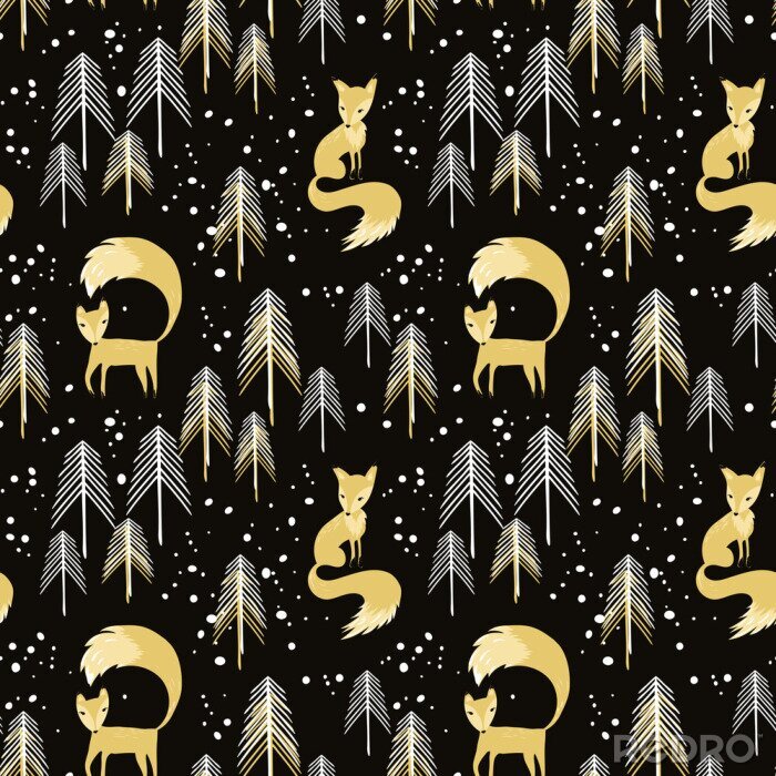 Fototapete Füchse und Bäume in Schwarz- und Gelbtönen