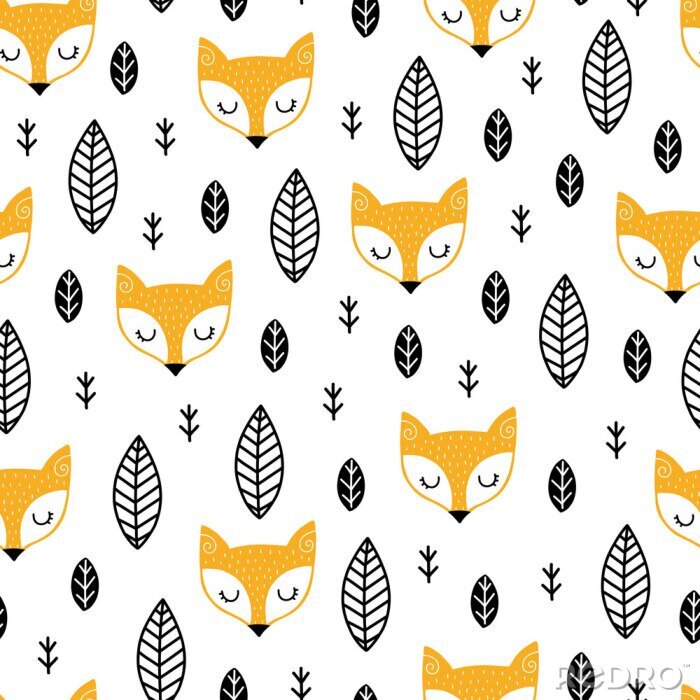 Fototapete Füchse und Blätter im skandinavischen Stil