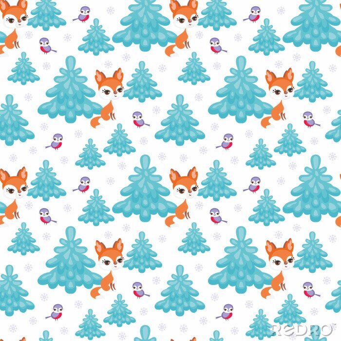 Fototapete Füchse und Vögel im Winterwald