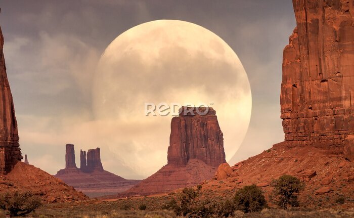 Fototapete Full Moon rising on it's Perigee in Monument Valley